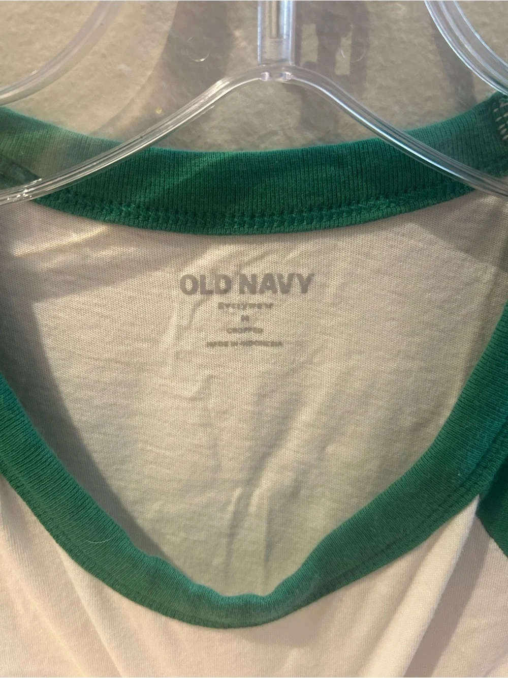 Old Navy White Tee with Green Raglan Sleeves